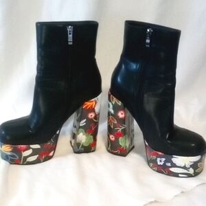 Black Floral Platform Ankle Boots